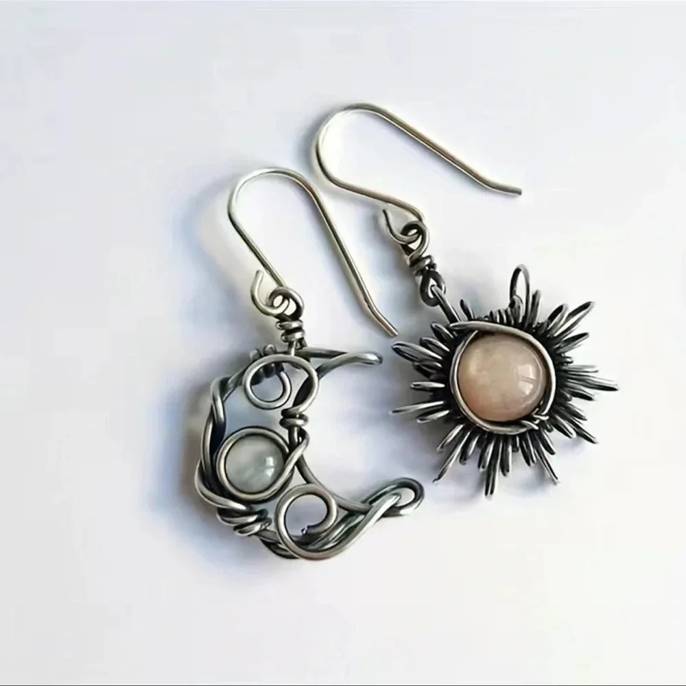 Sun and Moon Boho Silver Plated Earrings - Picture 2 of 5